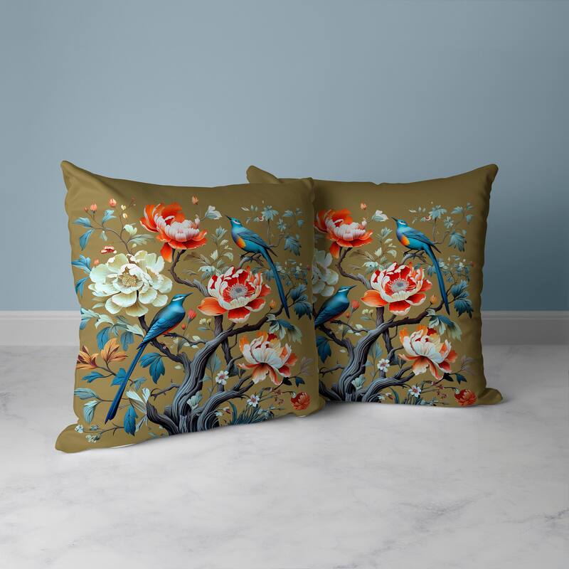 Botanical Bird Ensemble Broadcloth Pillow With Removable Cover in Blue Orange Green