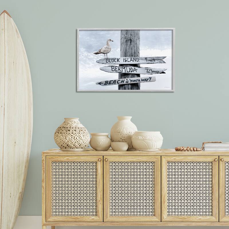 Stupell Vacation Beach Signs with Seagull Framed Giclee Art Design By Robin-Lee Viera