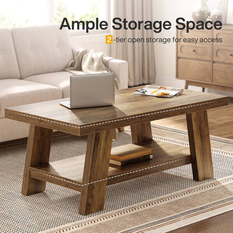 Industrial Rectangular Wood 2-tier Coffee Table for Living Room