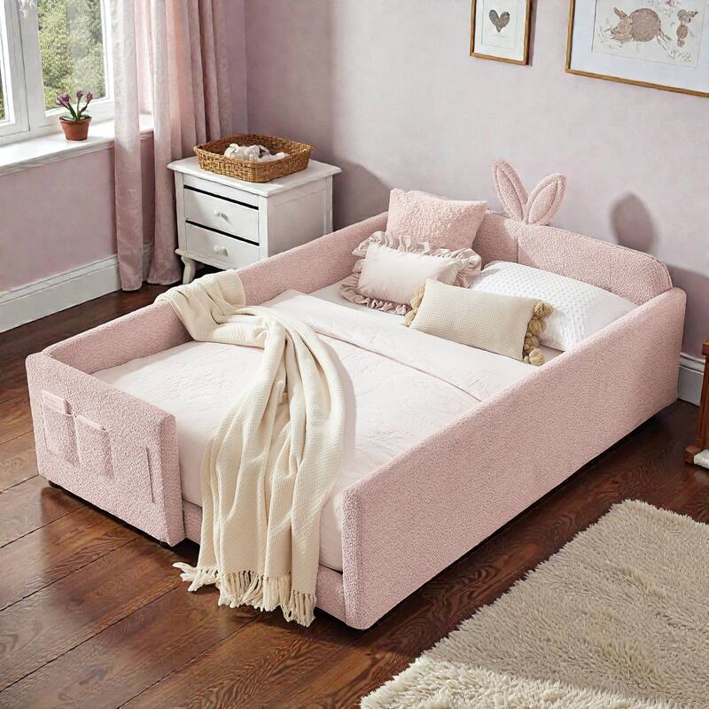Full Size Upholstered Platform Bed with Rabbit Ear Headboard, Boucle Fabric Kids Bed with Safety Rail and Pocket