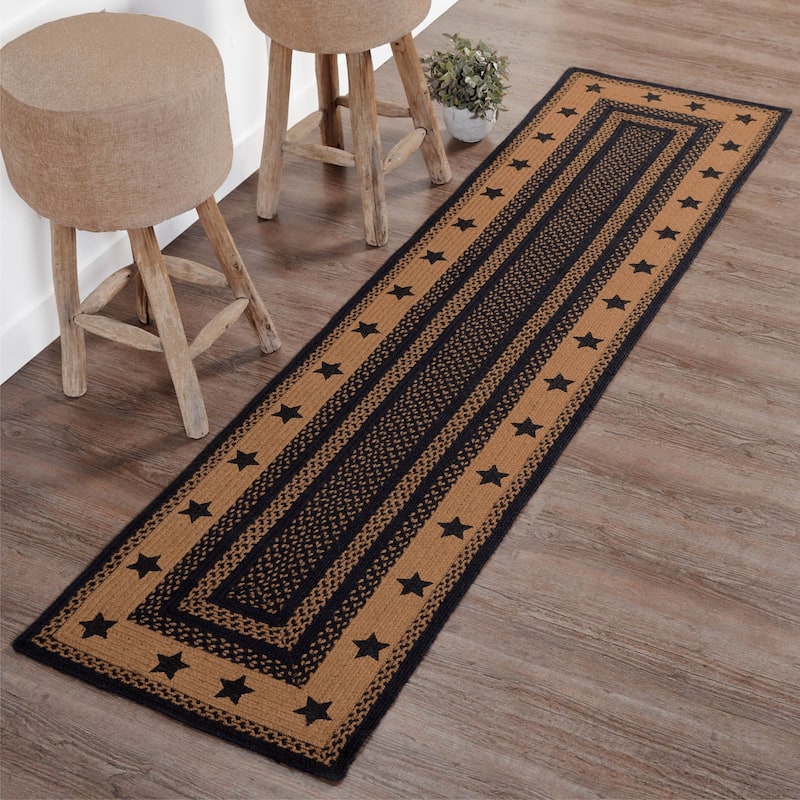 Farmhouse Jute Rug/Runner Rect Stencil Stars w/ Pad 24x96 - 2' x 8' - 2' x 8' - Black