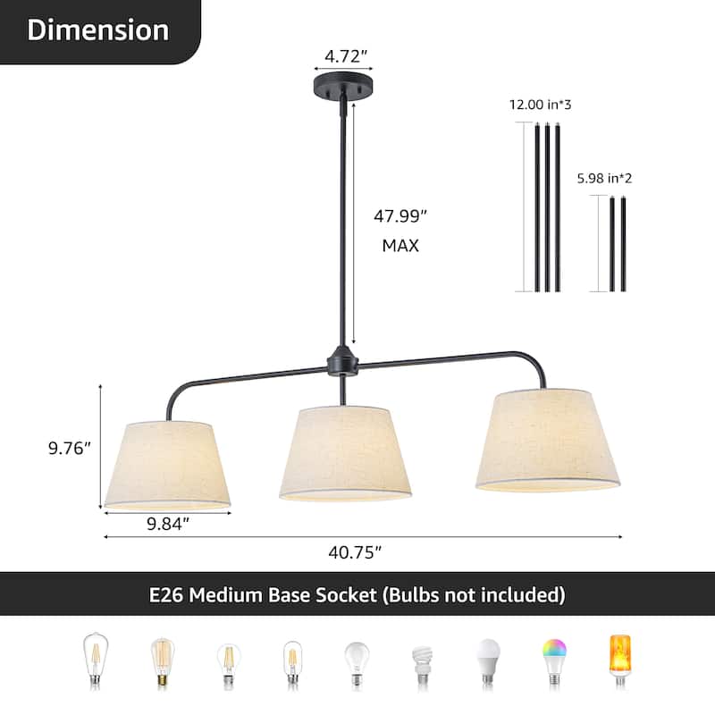 Starsky 3-Light Modern White Linear Drum Fabric Kitchen Island Light