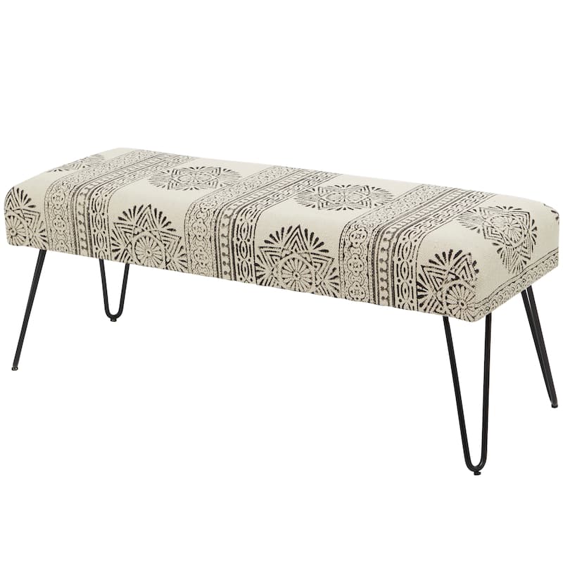 Metal Floral, Diamond or Tribal Bench with Metal Hairpin Legs - White, Gray or Multi Colored - Roche River Decor - White