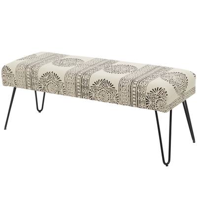 Metal Floral, Diamond or Tribal Bench with Metal Hairpin Legs - White, Gray or Multi Colored - Roche River Decor