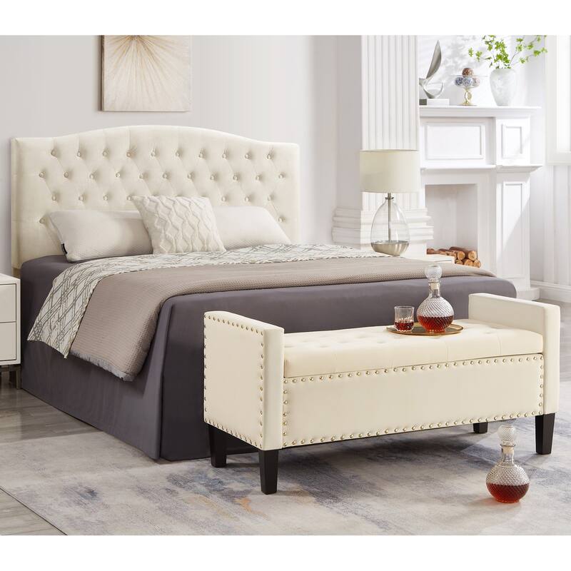 Upholstered Tufted Button Storage Bench with nails trim