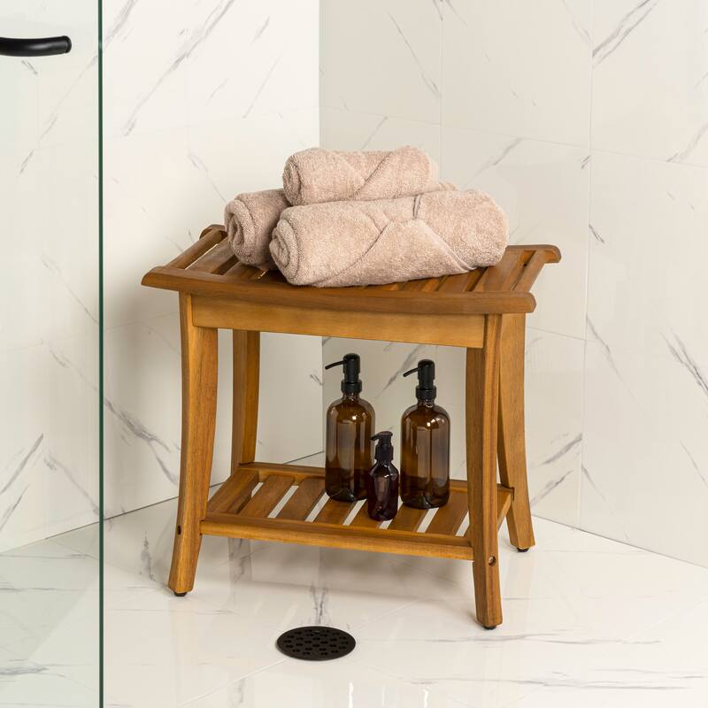 Tucker 22.1" Slatted Acacia Wood Indoor/Outdoor Shower Bench w/ Shelf & Handle, By JONATHAN Y - 22.1L x 12.99W x 18.5H