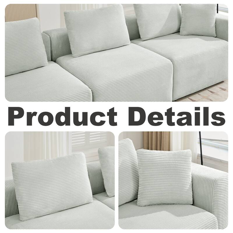 Corduroy Sectional Modular Sofa with Square Arms & Ottoman Extension for Flexible Arrangements