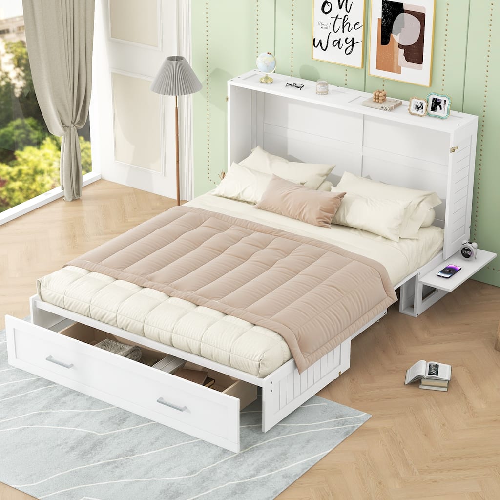 Queen Size Mobile Murphy Bed with A Big Storage Drawer, Solid Pinewood Murphy Cabinet Bed with Little Shelves on Each Side