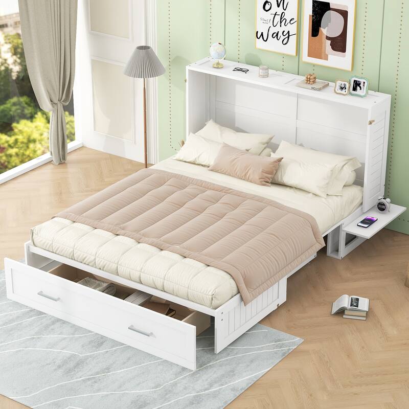 Queen Size Solid Pine Murphy Bed - Space-Saving Wall Bed with Large Storage Drawer And Bedside Shelves