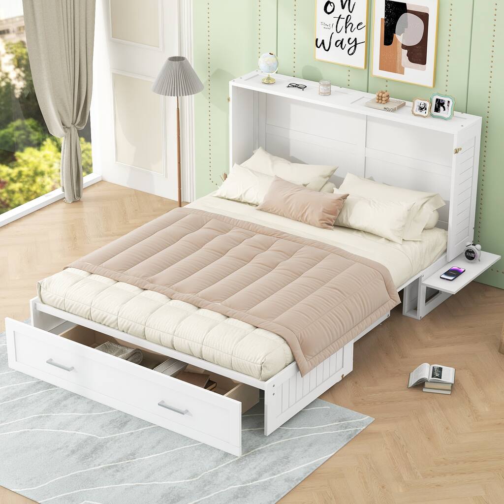 Queen Size Wood Mobile Murphy Bed with Drawer and Side Shelves