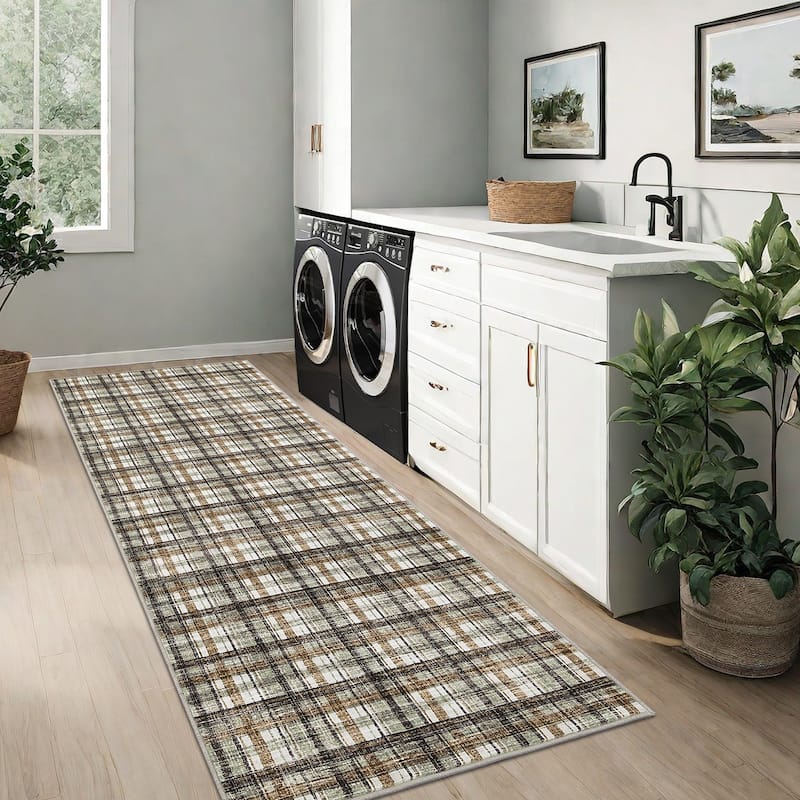 Garvee Timeless Check Washable Area Rug - 2'x6' - Green/Coffee