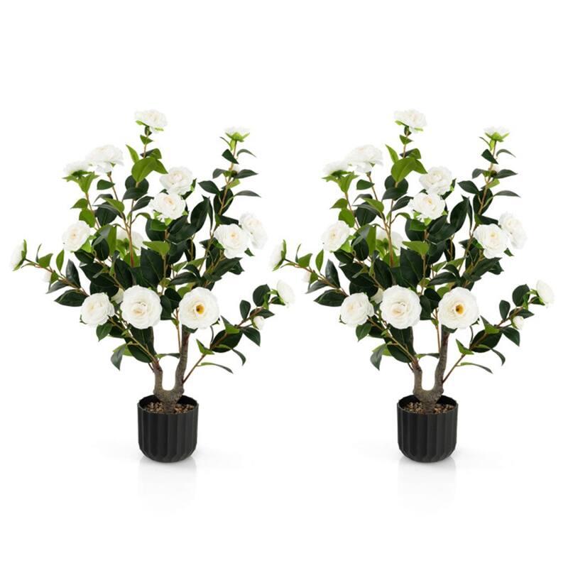 Set of 2 Artificial Camellia Trees 36 Inch Lifelike Indoor Decorative Plants with Cement Pots - 5" x 36" - White