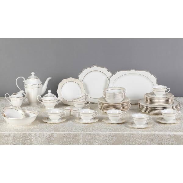 Lorren Home Trends 57 Piece Wavy Gold Mix and Match Bone China Service for 8