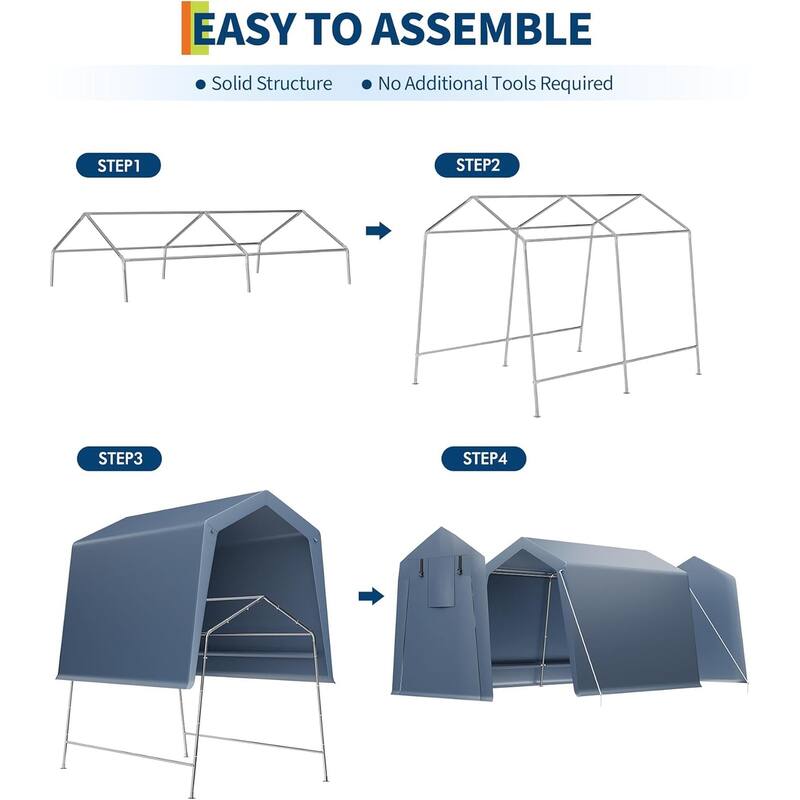 Outdoor Storage Shed, Portable Carport with Roll-Up Ventilated Zipper Door and Windows, Heavy Duty Waterproof Tarp