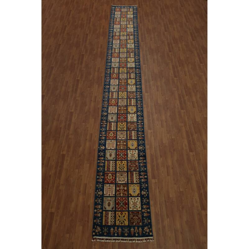 Hand Knotted Oriental 100% Wool Carpet Traditional Geometric Navy Blue & Blues Kazak Runner Rug - 22' 10'' X 2' 8''