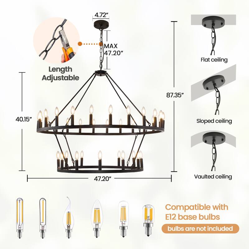 36-light Modern Farmhouse 47In Round Wagon Wheel Chandelier