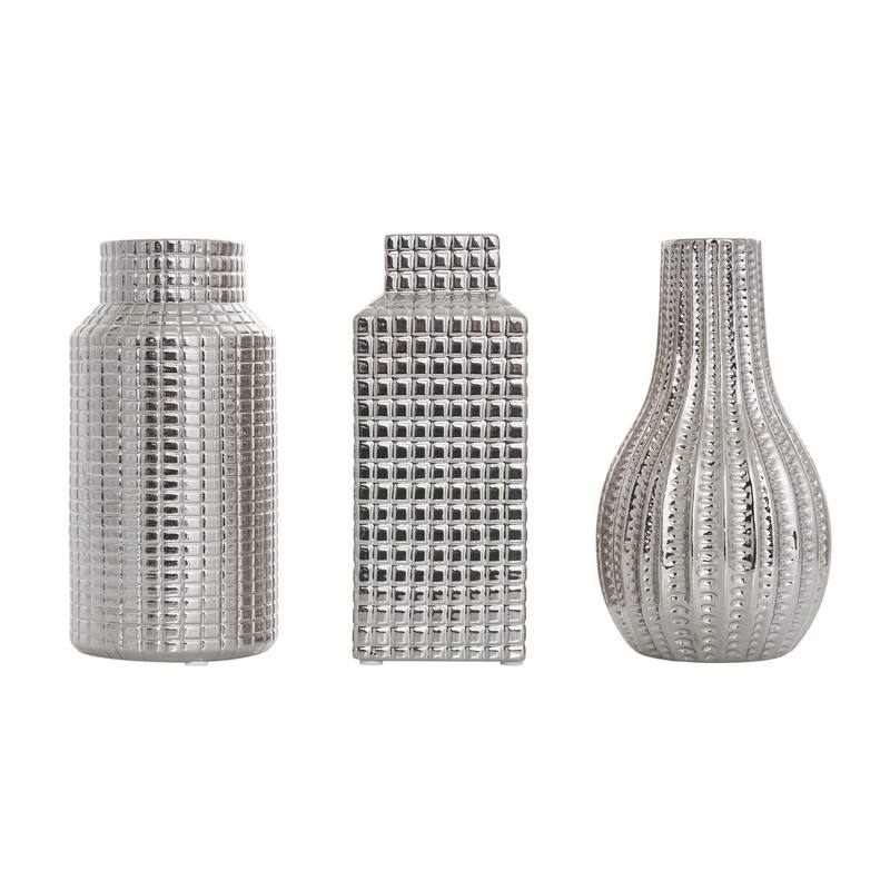 Ceramic Geometric Dimensional Textured Decorative Vase with Varying Shapes - Set of 3 Gold, Silver, Cream - Roche River Decor