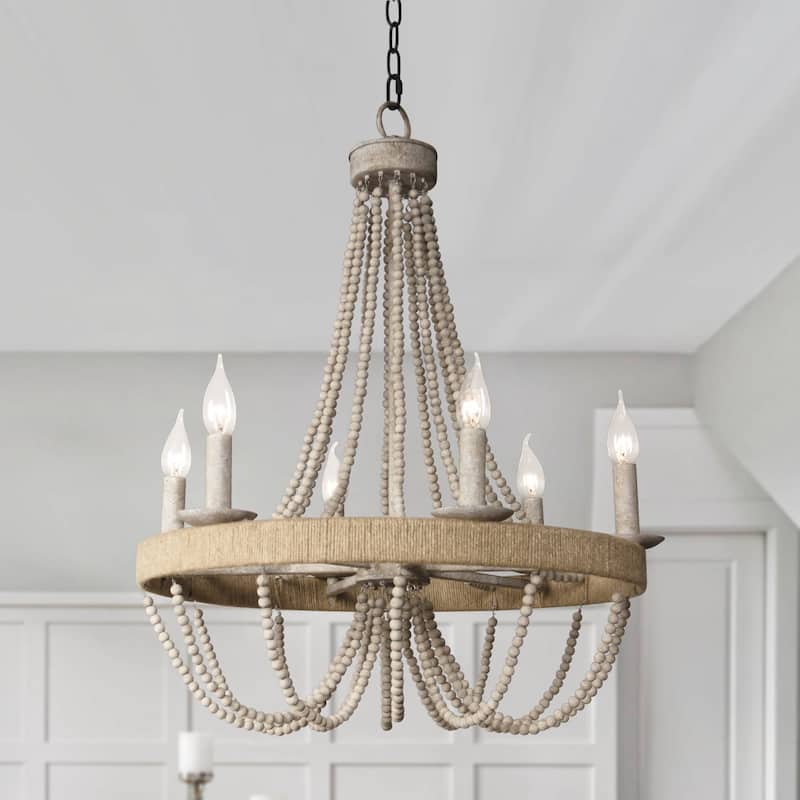 23.6" Farmhouse 6-Light Wood Bead Hemp Ropes Candle Chandelier - 23.6" L x 23.6" W x 22.7" H
