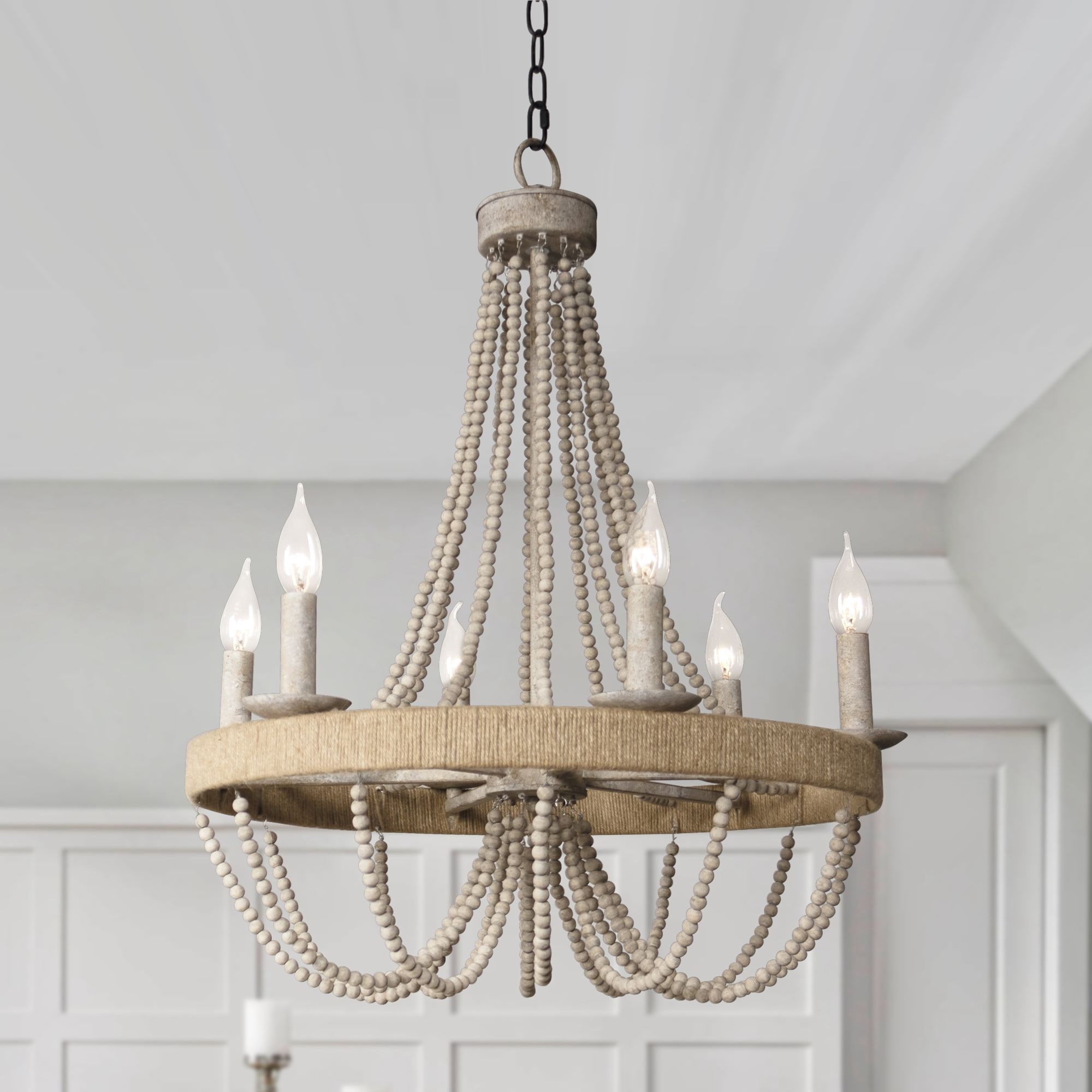 Boho Driftwood Beads 6-Light Chandelier Light Fixture