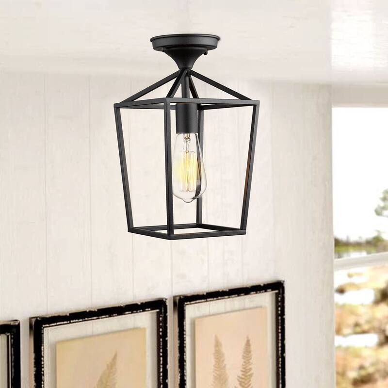 Black Metal 12.9" Caged Semi Flush Mount Ceiling Lighting