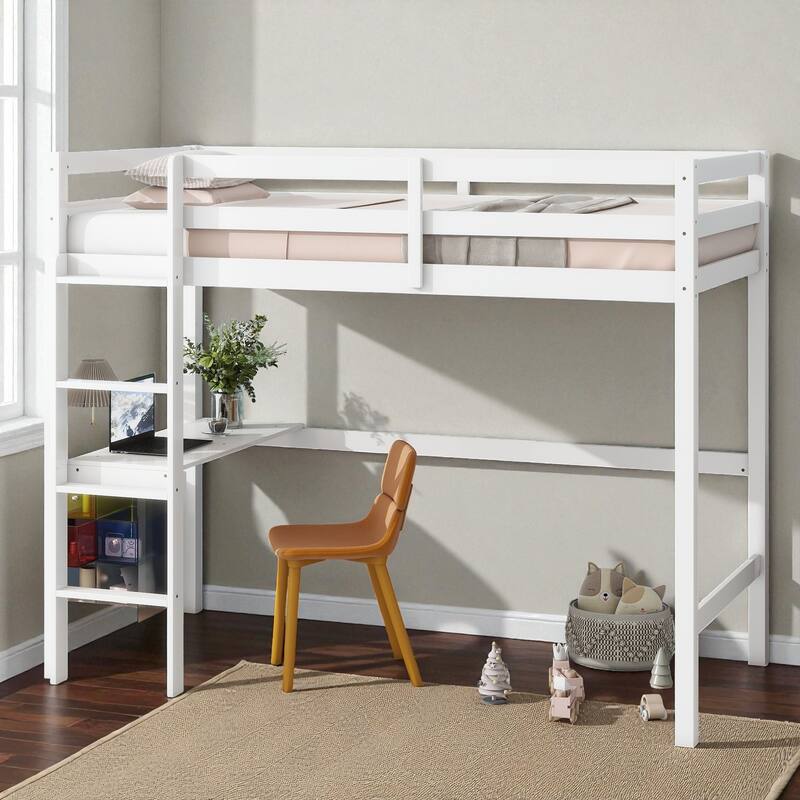 Twin Size Wooden High Loft Bed with Built-in Desk and Ladder, Solid Rubber Wood Loft Bed with Safety Guardrails - White - Twin