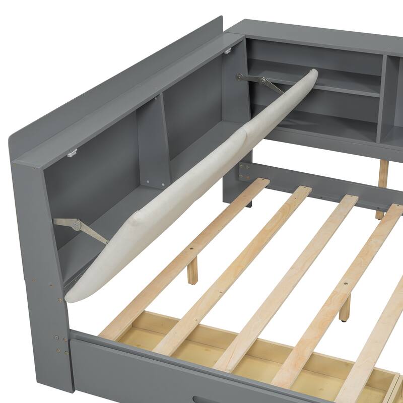 Full Size Wood Platform Bed with Storage Headboard, Shelves, and 2 Drawers in Gray - No Box Spring Required