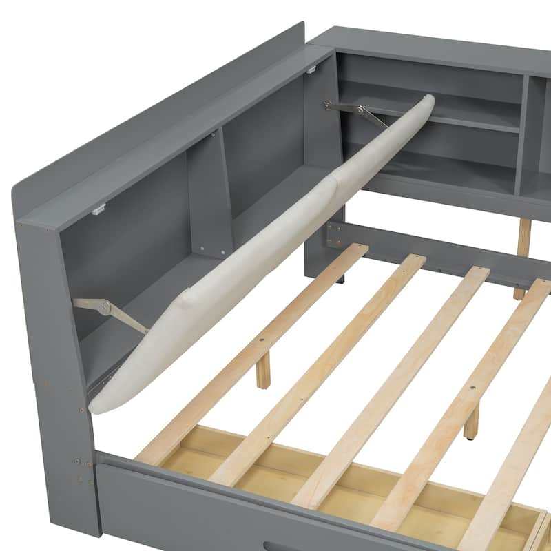 Full Size Wood Platform Bed with Storage Headboard, Shelves and 2 Drawers, White