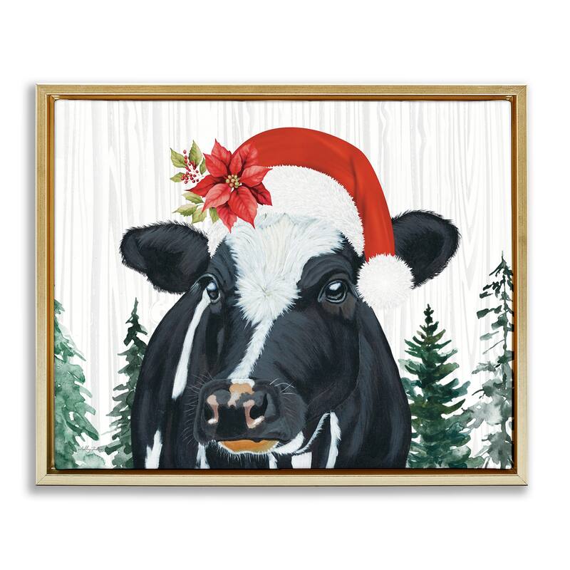 Stupell Christmas Hat Cow Portrait Framed Floater Canvas Wall Art Design By Ashley Justice - 31 x 25 - Gold