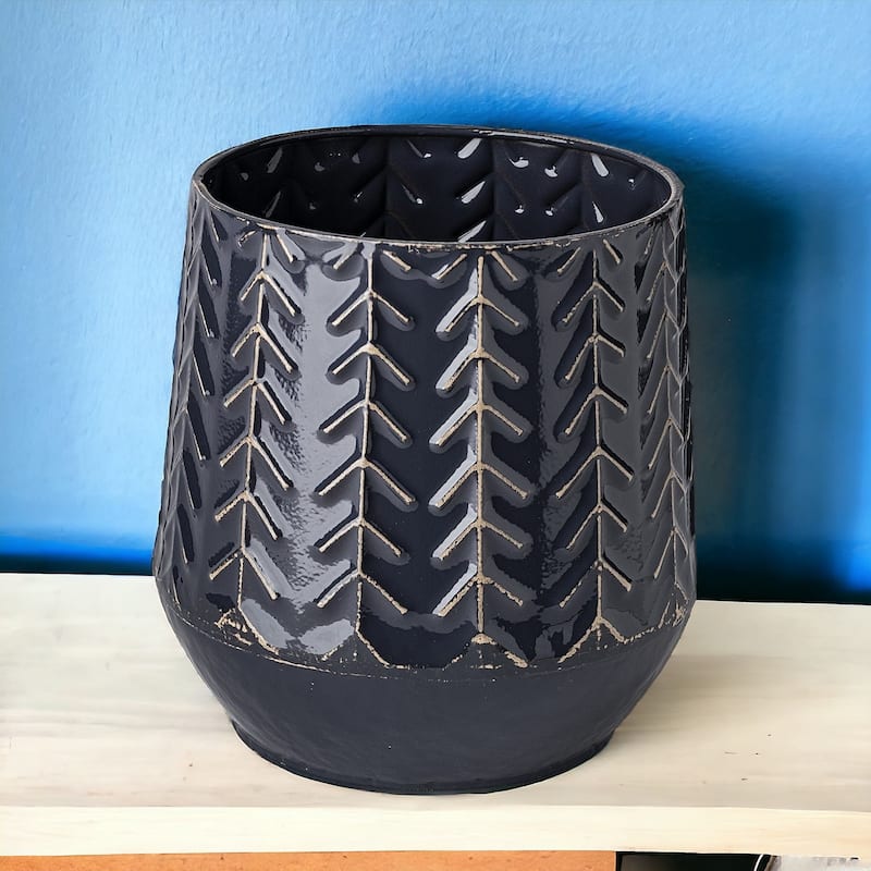 Modern Embossed Metal Vase in Dark Blue for Home Decor and Accents