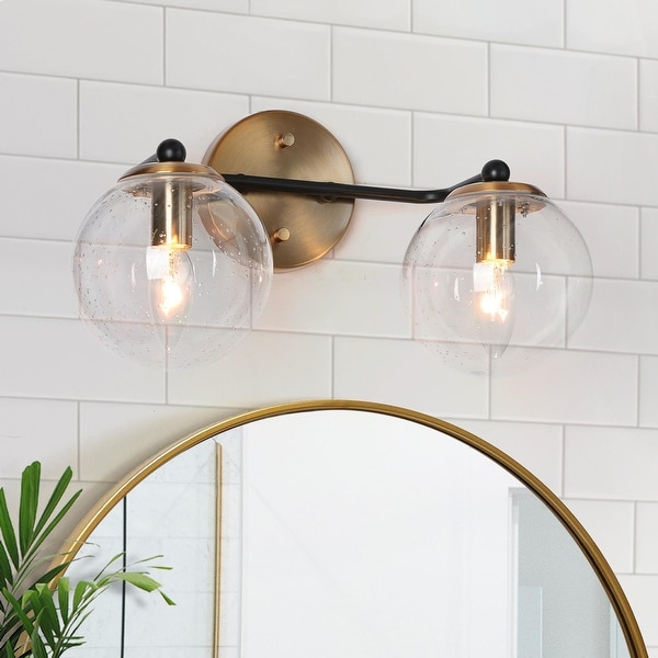 Overstock Modern 2 Light Black Gold Bathroom Vanity Lights Globe Glass Wall Sconces 14.5 L x 7.5 W x 8 H