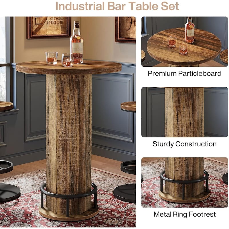 Industrial Round Bar Table with 2 barstools, Pub Table for Kitchen Nook, Apartment, Small Space