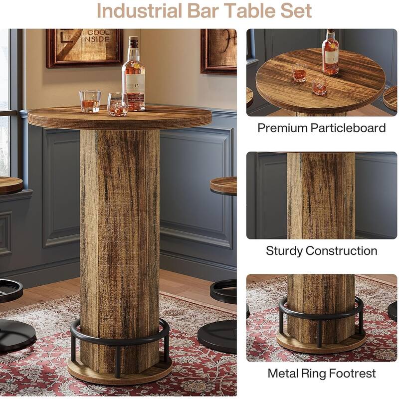 Round Bar Table Set, Farmhouse Home Bar with 2 barstools, Pub Cocktail Table with Metal Ring Footrest