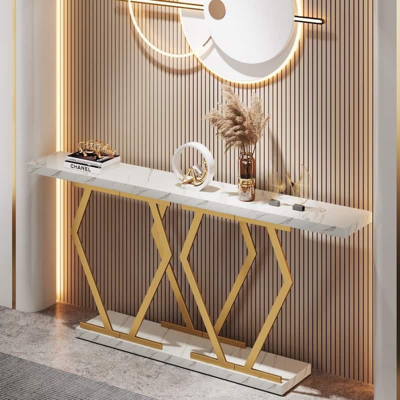 70.9 Inch Extra Long Modern Sofa Console Table with Faux Marble Tabletop Base Gold Frame for Living Room Entryway Hallway