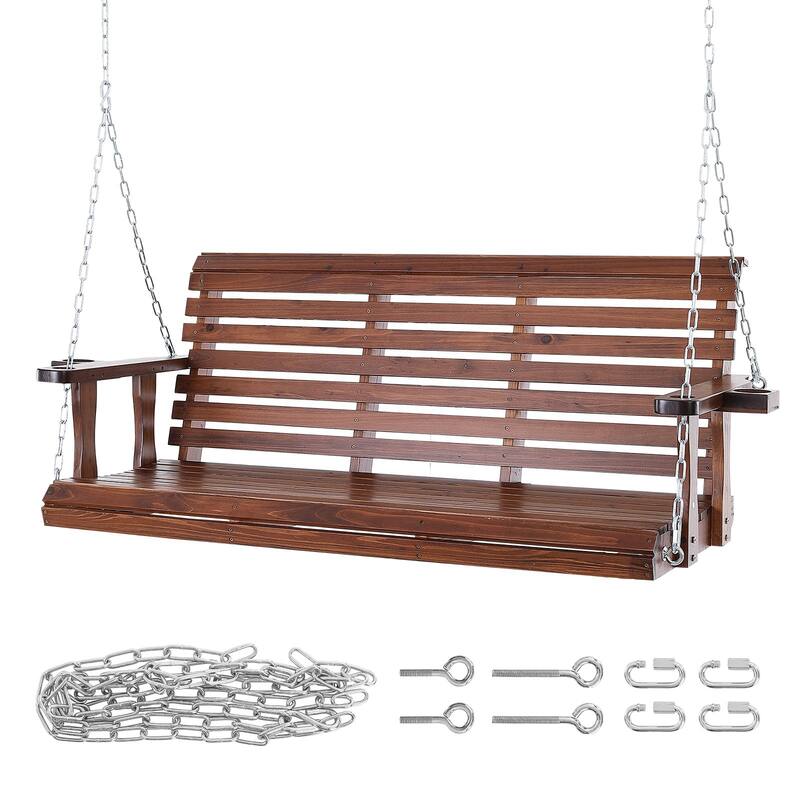 Carbonized Brown Cedar Swing with Steel Chains and Cup Holders - 67” L x 28” W x 23.6” H