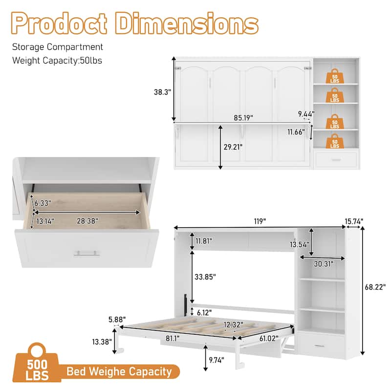 Roomfitters Queen Size Murphy Bed with Adjustable Storage Compartments and Shelf, Foldable Wall Bed with Drawer