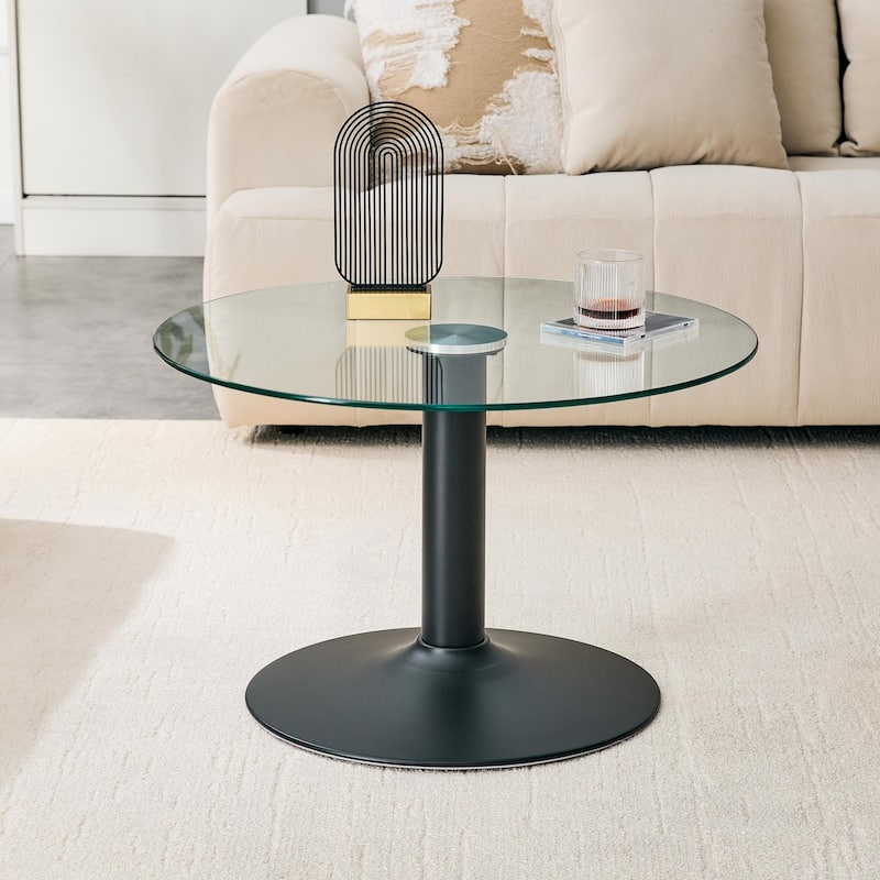 Roomfitters 27.5-Inch Round Tempered Glass Coffee Table, Metal Base, Circular Center Table, Modern Minimalist