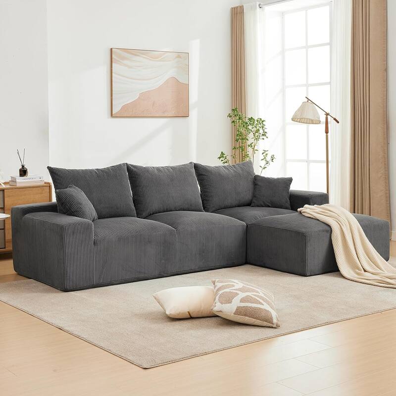 110" Oversized L-Shaped Sectional Sofa with Right Chaise, Cloud Couch with Corduroy & Memory Foam - Right Gray