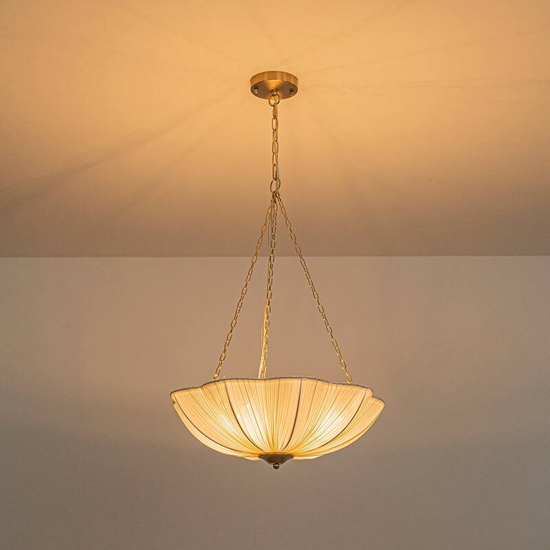 French Country White Ribbed Fabric Bloom Cage Pendant Light 19.3 in