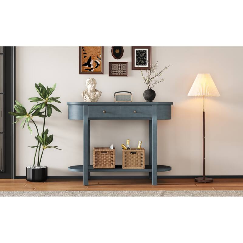 Vintage Console Table with 2 Storage Drawers, Open Lower Shelf, and Curved Design for Home Entryway and Hotel - Navy