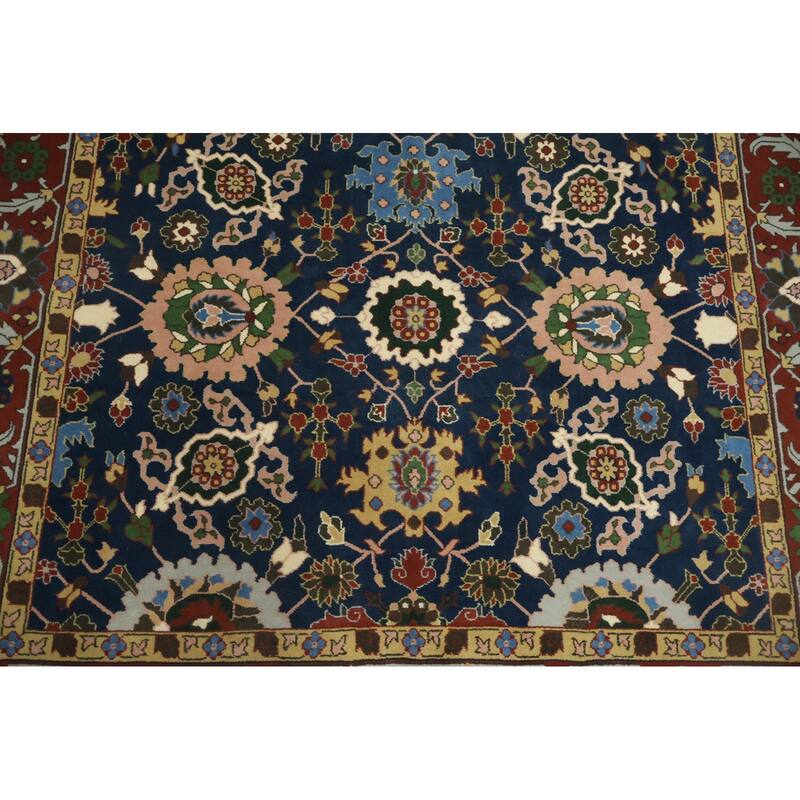 Hand Knotted Oriental 100% Wool Carpet Traditional All-Over Navy Blue & Blues Agra Area Rug - 9' 1'' X 6' 1''