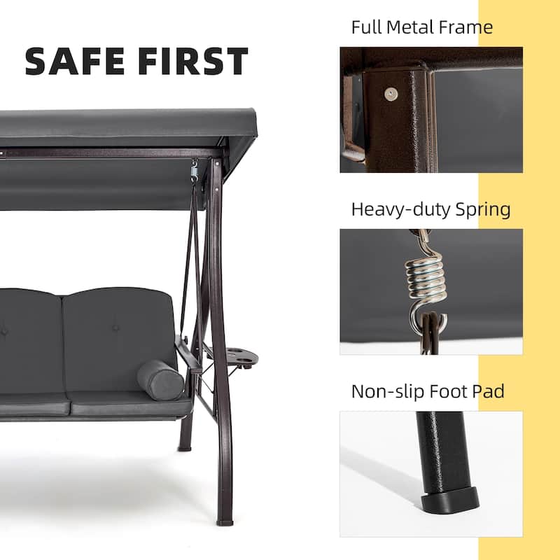 3-Seat Patio Swing with Adjustable Canopy, 750lbs Heavy Duty, Convertible Outdoor Bed, All-Weather, Cup Holders & Thick Cushions
