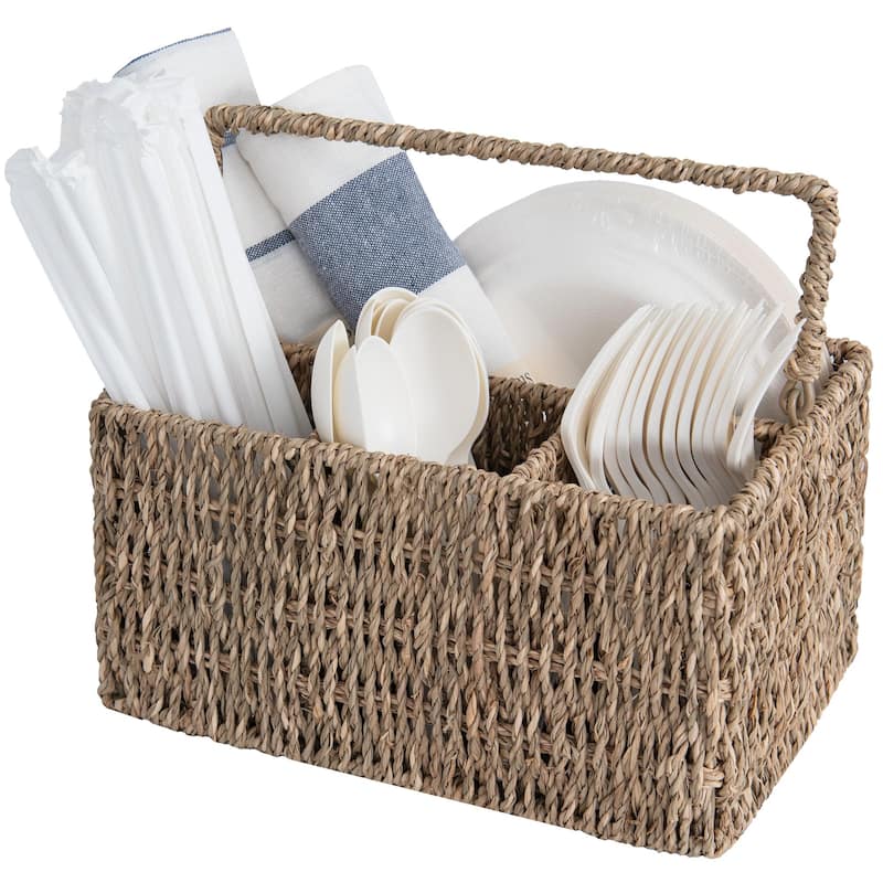 Hand-Woven Wicker Cutlery Holder with Handle, Flatware Basket Organizer - Seagrass