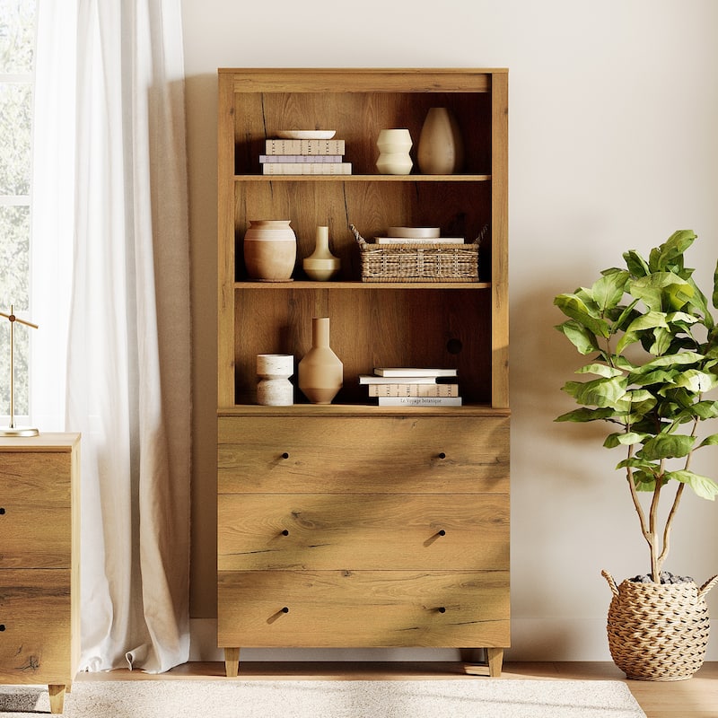 Modern 71" Tall Bookcase with Drawers & Open Shelves for Home Office