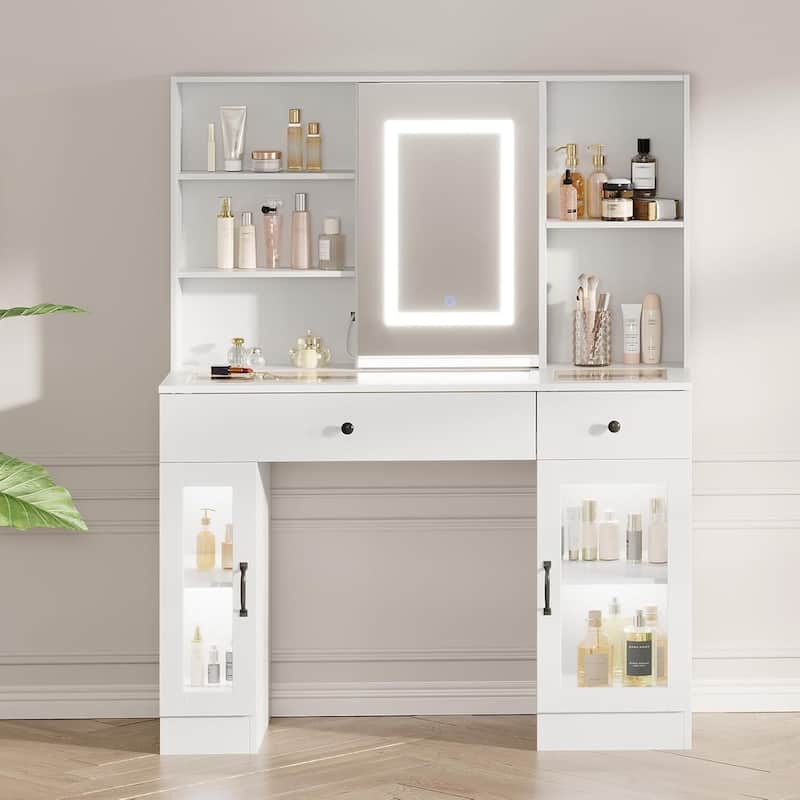 3-Color LED Light Makeup Dressing Table Vanity Desk with Sliding Mirror - White