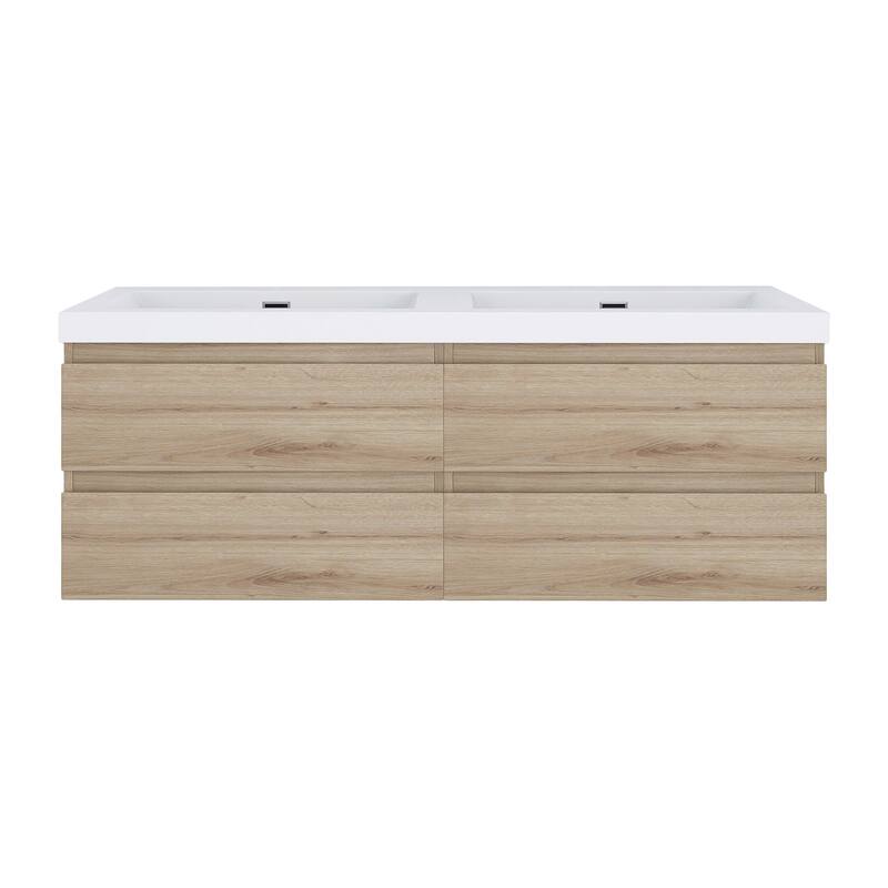 MDF Wall-Mounted Bathroom Vanity Set in Oak with Integrated Culture Marble Sink