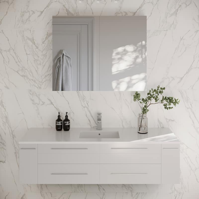 Fresca Lucera 60" Wall Mounted Single Basin Vanity Set with Cabinet, - White