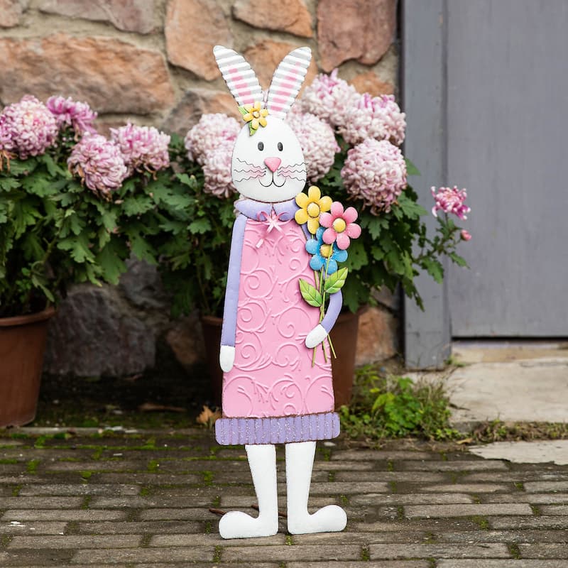 Glitzhome 36"H Metal Easter Bunny Girl Yard Stakes Porch Sign Wall Decor