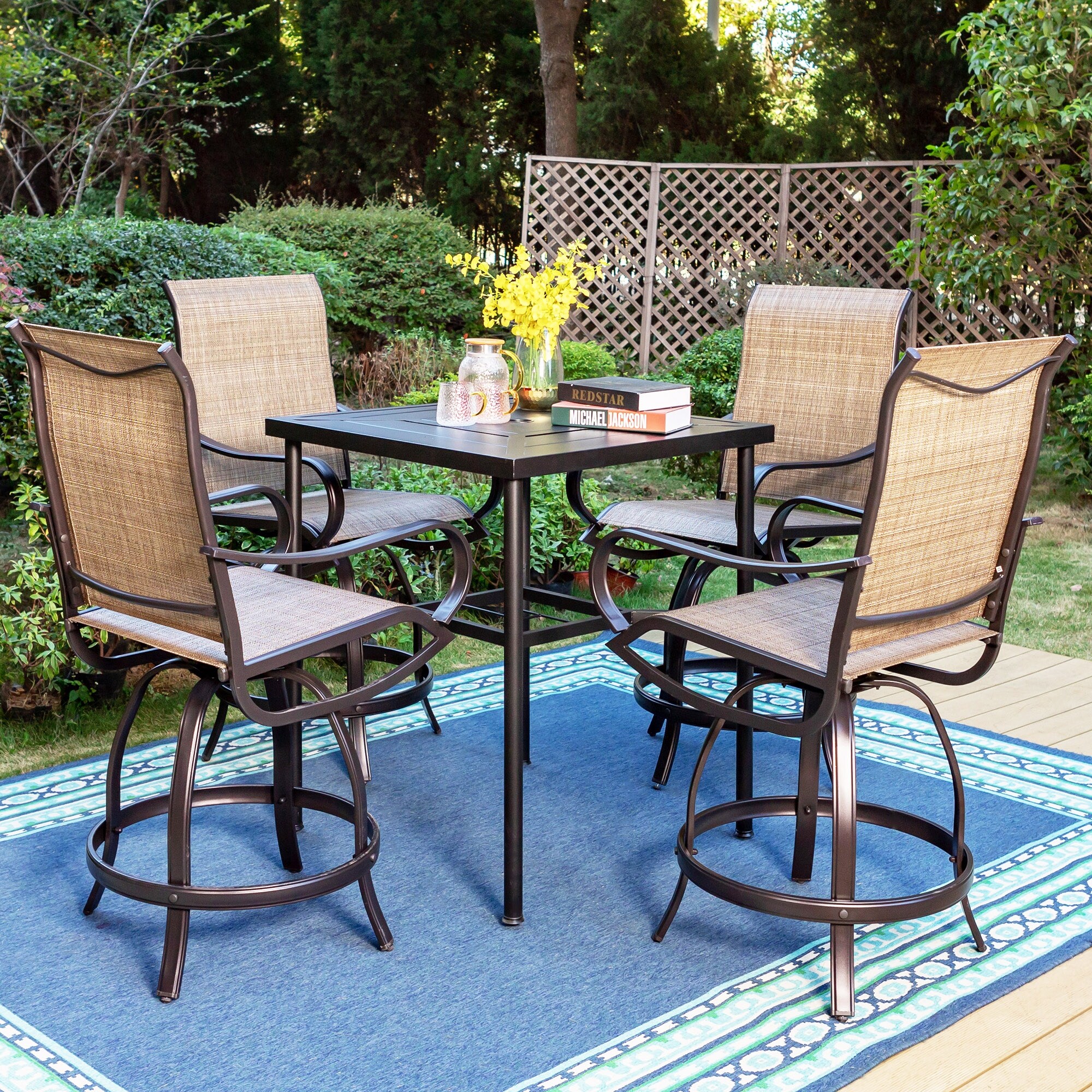 MAISON ARTS 3 5 Piece Patio Bar Stool Set of Metal Coffee Table Textilene Swivel High Bar Stools