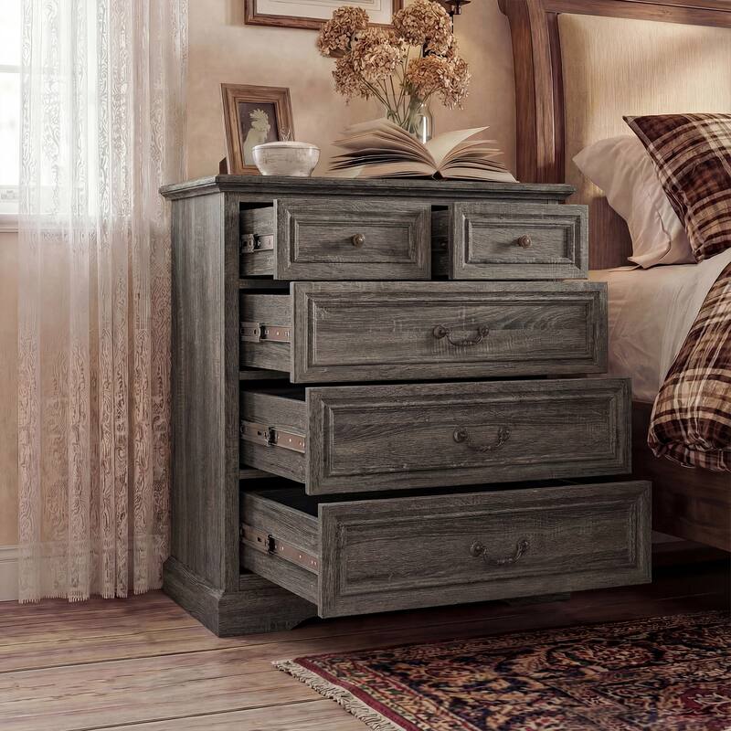 Farmhouse 5-Drawer Chest with Anti-Tip Device, Rustic Wooden Dresser for Bedroom, 36.3" Tall Storage Cabinet