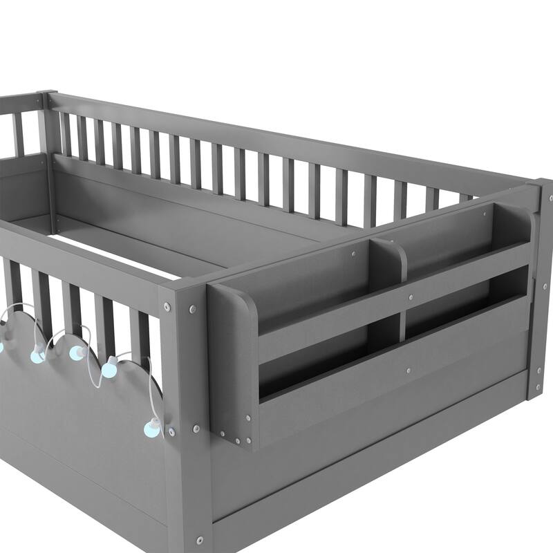 Twin Montessori Floor Bed Frame with High Rails, Wood Kids Floor Beds with Light and Storage Shelf, Natural